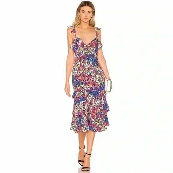 Majorelle Nolita Ruffle Floral Midi Dress in Patchwork Multi LIKE NEW - Picture 2 of 6